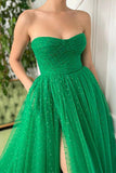 Strapless Green Long A Line Tulle Prom Dresses, Formal Evening Dresses OK1993