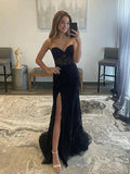 Strapless Mermaid Black Lace Long Prom Dresses, Formal Evening Dresses OK1900