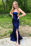 Simple Strapless Mermaid Satin Long Prom Dresses with High Slit Graduation Evening Dresses OK1672