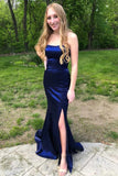 Simple Strapless Mermaid Satin Long Prom Dresses with High Slit Graduation Evening Dresses OK1672