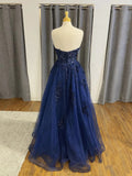 Strapless A Line Tulle Navy Blue Lace Appliques Beaded Long Prom Dresses OK1720