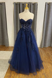 Strapless A Line Tulle Navy Blue Lace Appliques Beaded Long Prom Dresses OK1720