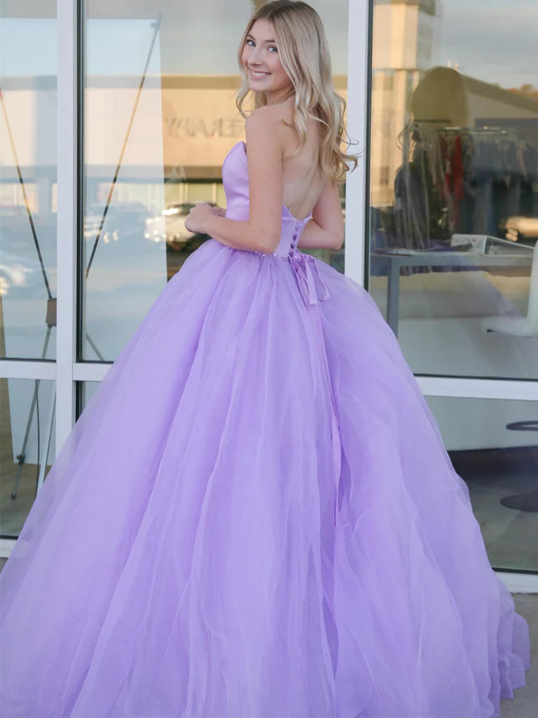 Strapless A Line Tulle Long Prom Dresses, Lilac Formal Evening Dresses OK1780
