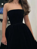 Strapless Tea Length Black Velvet Prom Dresses, A Line Simple Homecoming Dresses OK1713