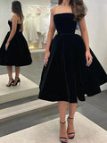 Strapless Tea Length Black Velvet Prom Dresses, A Line Simple Homecoming Dresses OK1713