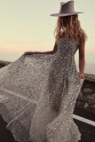 Stunning Sparkle A Line Wedding Dresses Strapless Sequined Bridal Gown OK1925