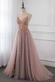 Sweet Dusty Pink Crystal Prom Dress Long Straps Spaghetti Tulle Evening Gown OKV96