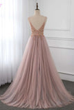 Sweet Dusty Pink Crystal Prom Dress Long Straps Spaghetti Tulle Evening Gown OKV96