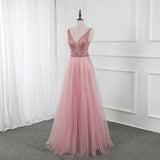 Pink Split Long Prom Dress Beading Sequined Tulle V Neck Sleeveless Party Gown OKW73