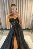 A Line Black Long Lace Appliques Prom Dresses, Formal Evening Dresses OK1914