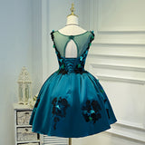 A Line Flower Appliques Round Neck Homecoming Dress, Blue Short Prom Dress OKN71