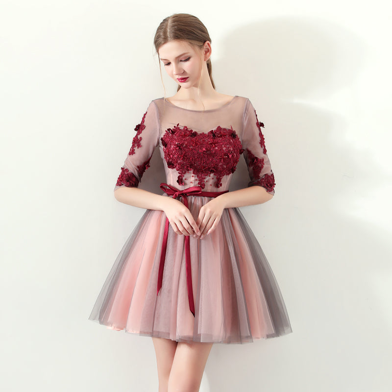 A Line Red Flowers Half Sleeves Homecoming Dress, Short Appliques Prom Dress OKN61