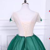 Green A Line Short Sleeves Tulle Floral Appliques Short Homecoming Dress OKN50