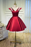 V Neck A Line Satin Appliques Short Homecoming Dress OKN47