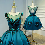 A Line Flower Appliques Round Neck Homecoming Dress, Blue Short Prom Dress OKN71