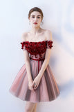 A-Line Strapless Red Flowers Short Tulle Homecoming Dresses OKC66
