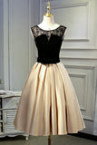 A Line Round Neck Satin Short Homecoming Dress With Black Lace OKN48