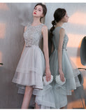 Gray High Low Beaded A-Line Tulle Homecoming Dresses With Bownot OKC57