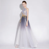 A Line Halter Tulle Long Prom Dress With Appliques OKL28