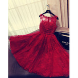 Charming Red A-Line Lace Short Sleeveless Homecoming Dresses OKD9