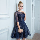 A Line Dark Blue Homecoming Dress, Short Half Sleeves Prom Dress OKN64