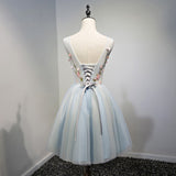 A-Line Light Blue Floral Short V Neck Tulle Homecoming Dresses OKD3