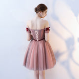 A-Line Strapless Red Flowers Short Tulle Homecoming Dresses OKC66