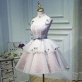 Pink A Line Appliques Homecoming Dress, Short Prom Dress OKN58