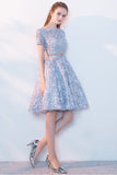 Elegant Lace A-Line Short Light Blue Homecoming Dresses OKC95