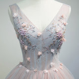 A-Line Lace Floral Short V Neck Tulle Homecoming Dresses OKD2