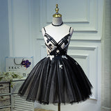 A Line Spaghetti Straps Tulle Black Short Homecoming Dresses With Appliques OKN46