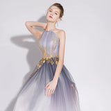 A Line Halter Tulle Long Prom Dress With Appliques OKL28