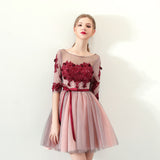 A Line Red Flowers Half Sleeves Homecoming Dress, Short Appliques Prom Dress OKN61