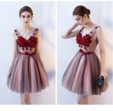 Charming A-Line V Neck Red Flowers Short Tulle Homecoming Dresses OKC65