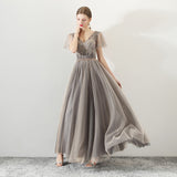 A Line Tulle Long Appliques Beaded Prom Dress, Grey Formal Evening Dress OKG72