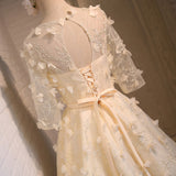 A-Line Floral Short Round Neck 3/4 Sleeves Homecoming Dresses OKD4