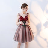 Charming A-Line V Neck Red Flowers Short Tulle Homecoming Dresses OKC65
