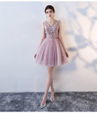 Pink A-Line V Neck Flowers Short Homecoming Dresses,Mini School Dress OKC63