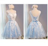 A-Line Lace Appliques Round Neck Sky Blue Short Homecoming Dresses OKD7