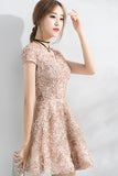 Beautiful A-Line Short Sleeves Mini Lace Homecoming Dresses OKC52