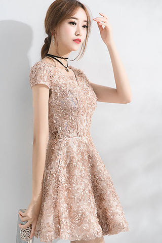 Beautiful A-Line Short Sleeves Mini Lace Homecoming Dresses OKC52