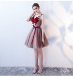 Charming A-Line V Neck Red Flowers Short Tulle Homecoming Dresses OKC65