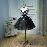 A Line Spaghetti Straps Tulle Black Short Homecoming Dresses With Appliques OKN46