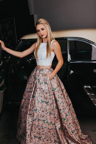 A-line Prom Dresses,Two Piece Prom Gown,Printed Prom Dress,Floral Prom Dress