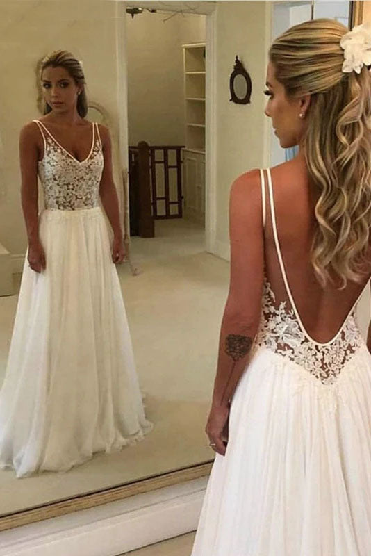 Simple Chiffon Beach Wedding Dress Sexy Backless V-Neck Lace Applique A-line Bridal Dress OKW18
