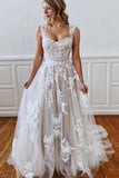 Gorgeous A-line Wedding Dress with Straps Sweetheart Lace Appliques Bridal Dress OKW92