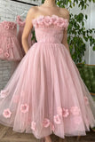 A Line Tea Length Pink Floral Prom Dresses, Formal School Party Dresses OK1992