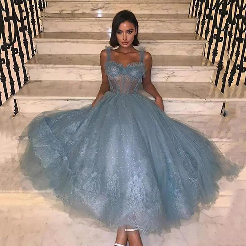 Chic Blue Prom Dress Tea Length Sexy Corset Top Tulle Skirt Party Gown OKV69