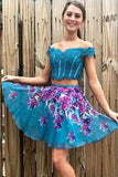 Two Pieces Turquoise Off Shoulder Beading Floral Homecoming Dress OKM33