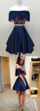 Two Piece Off-the-Shoulder Floral Satin Dark Blue Homecoming Dresses OKE8